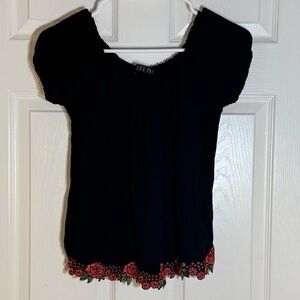 Potter’s Pot Black Off-Shoulder Top‎ with Rose Embroidered Hem
